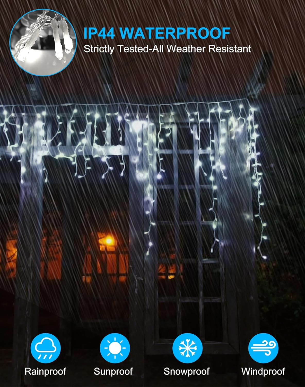 Christmas Outdoor Icicle Lights 624 LED 59FT with 96 Drops, Icicle LLights For Outside Cool White Waterproof for Roof/Gutter/Wedding, 8 Modes & Remote, Timer, Energy-Efficient Holiday Decorations
