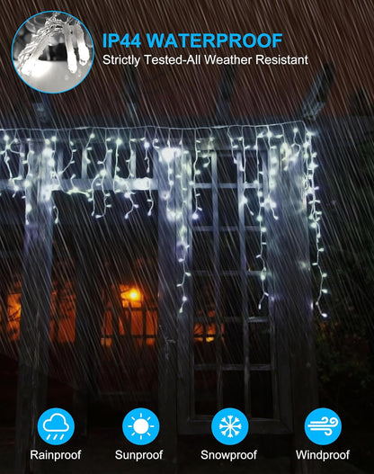 Christmas Outdoor Icicle Lights 624 LED 59FT with 96 Drops, Icicle LLights For Outside Cool White Waterproof for Roof/Gutter/Wedding, 8 Modes & Remote, Timer, Energy-Efficient Holiday Decorations