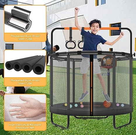 jumpfly 5ft/60'' Trampoline For Kids,Toddler Trampoline Indoor&OutDoor With Adjustable Gym Bar,Mini Kids Trampoline For Ages 1-6,Small Trampoline For Baby With Net,Gift, BastketBall Hoop