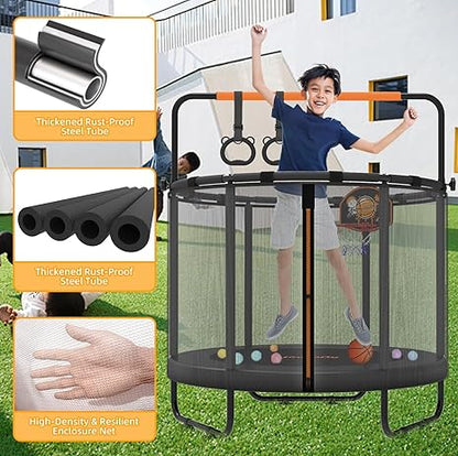 jumpfly 5ft/60'' Trampoline For Kids,Toddler Trampoline Indoor&OutDoor With Adjustable Gym Bar,Mini Kids Trampoline For Ages 1-6,Small Trampoline For Baby With Net,Gift, BastketBall Hoop