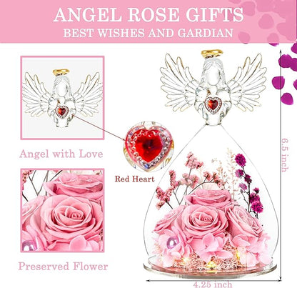 Mothers Day Preserved Rose Gifts for Women Mom Grandma Wife,Glass Angel Figurines with LED Light,Four Real Rose Flowers Sweet Pink