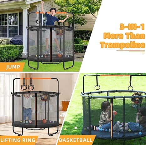 jumpfly 5ft/60'' Trampoline For Kids,Toddler Trampoline Indoor&OutDoor With Adjustable Gym Bar,Mini Kids Trampoline For Ages 1-6,Small Trampoline For Baby With Net,Gift, BastketBall Hoop