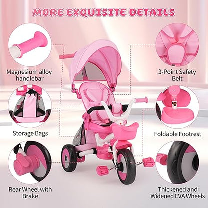 Baby Tricycle, 4-in-1 Folding Toddler Tricycle with Adjustable Parent Handle, Removable Canopy, Rotatable Seat, Safety Harness & Srorage, Kids Trike for 18 Months - 5 Year Old, Pink
