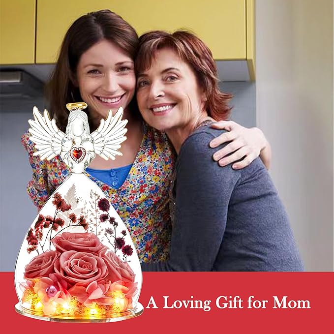 Mothers Day Preserved Rose Gifts for Women Mom Grandma Wife,Glass Angel Figurines with LED Light,Four Real Rose Flowers Sweet Pink
