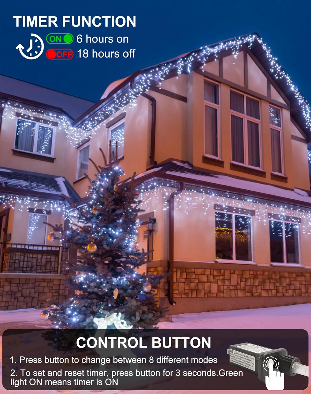 Christmas Outdoor Icicle Lights 624 LED 59FT with 96 Drops, Icicle LLights For Outside Cool White Waterproof for Roof/Gutter/Wedding, 8 Modes & Remote, Timer, Energy-Efficient Holiday Decorations