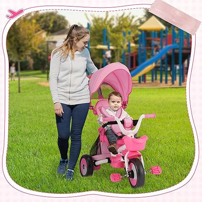 Baby Tricycle, 4-in-1 Folding Toddler Tricycle with Adjustable Parent Handle, Removable Canopy, Rotatable Seat, Safety Harness & Srorage, Kids Trike for 18 Months - 5 Year Old, Pink