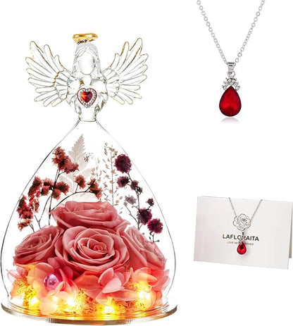 Mothers Day Preserved Rose Gifts for Women Mom Grandma Wife,Glass Angel Figurines with LED Light,Four Real Rose Flowers Sweet Pink