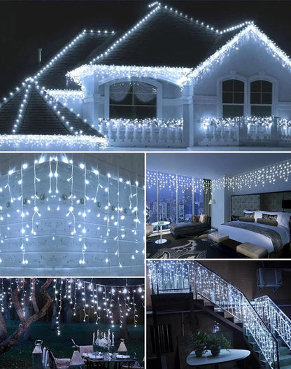 Christmas Outdoor Icicle Lights 624 LED 59FT with 96 Drops, Icicle LLights For Outside Cool White Waterproof for Roof/Gutter/Wedding, 8 Modes & Remote, Timer, Energy-Efficient Holiday Decorations