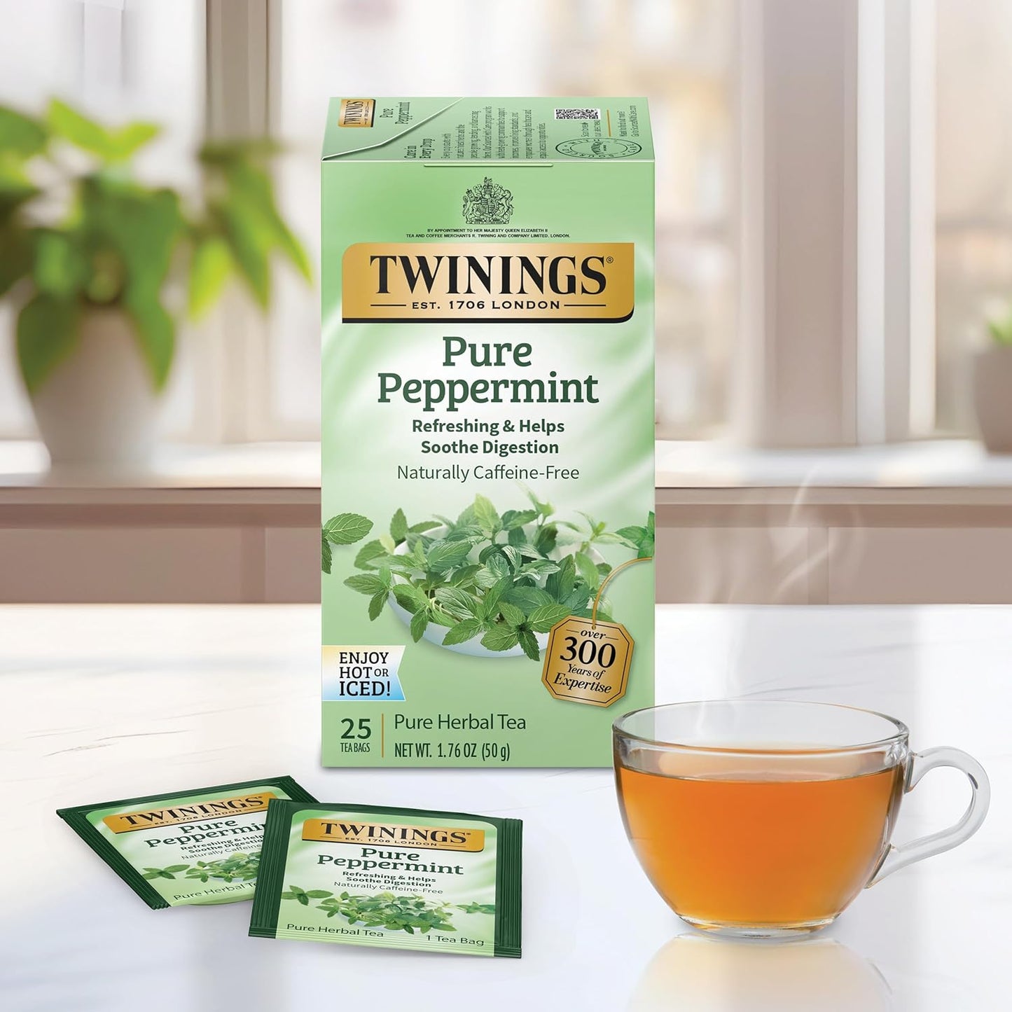 Twinings Pure Peppermint Individually Wrapped Tea Bags, 25 Count (Pack of 4), Fresh Minty Flavour, Naturally Caffeine Free, Enjoy Hot or Iced