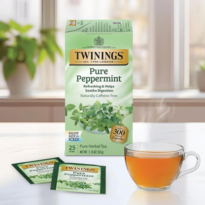 Twinings Pure Peppermint Individually Wrapped Tea Bags, 25 Count (Pack of 4), Fresh Minty Flavour, Naturally Caffeine Free, Enjoy Hot or Iced