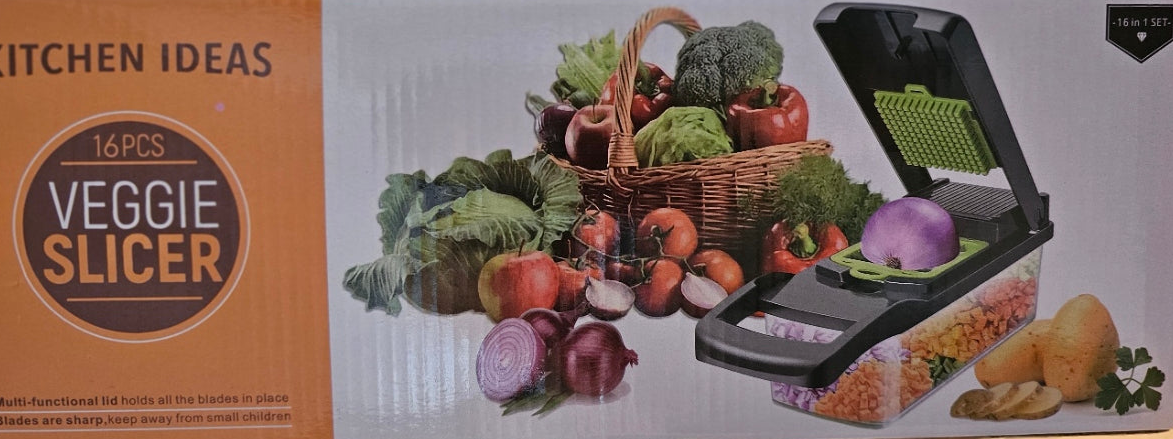 Veggie slicer 16 pieces (Gray, 1) 16 pieces hand operated vegetable slicer, veggie chopper, food chopper, onion cutter.